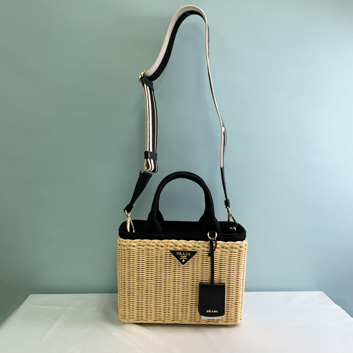 PRADA プラダ ショルダー ウィッカー×キャンバス カゴバッグ