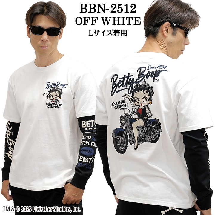 BETTY×ネバーマインド フェイクレイヤード長袖Tシャツ NEVER MIND BBN-2512 ベティーちゃん 刺繍 バイカー ロングTシャツ BETTY BOOP NEVERMIND TEE L/S T-SHIRT FAKE SLEEVE ベティーブープ