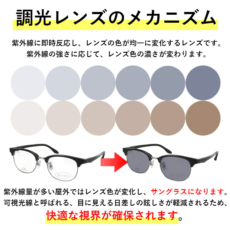 度付き 度なし 調光サングラス サーモントブロー ボストン 調光メガネ