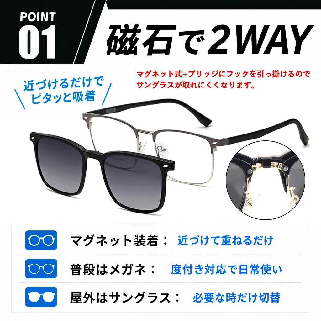 度付きメガネ 眼鏡 クリップサングラス メンズ マグネット式 前掛け