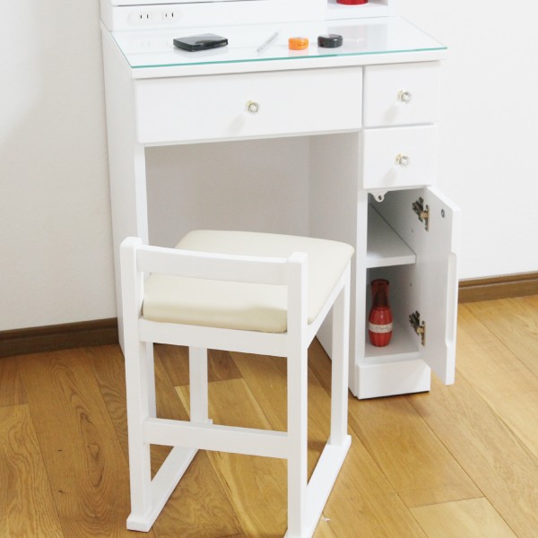 送料無料 60収納1面ドレッサー ホワイト エナメル塗装 裏収納 椅子付き
