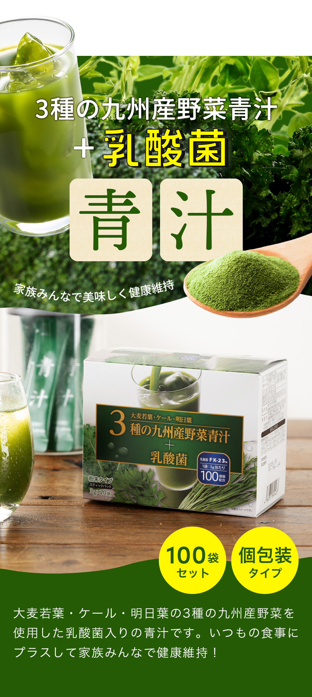 青汁 乳酸菌 粉末タイプ 送料無料 3種の九州産野菜青汁＋乳酸菌 3g×20 