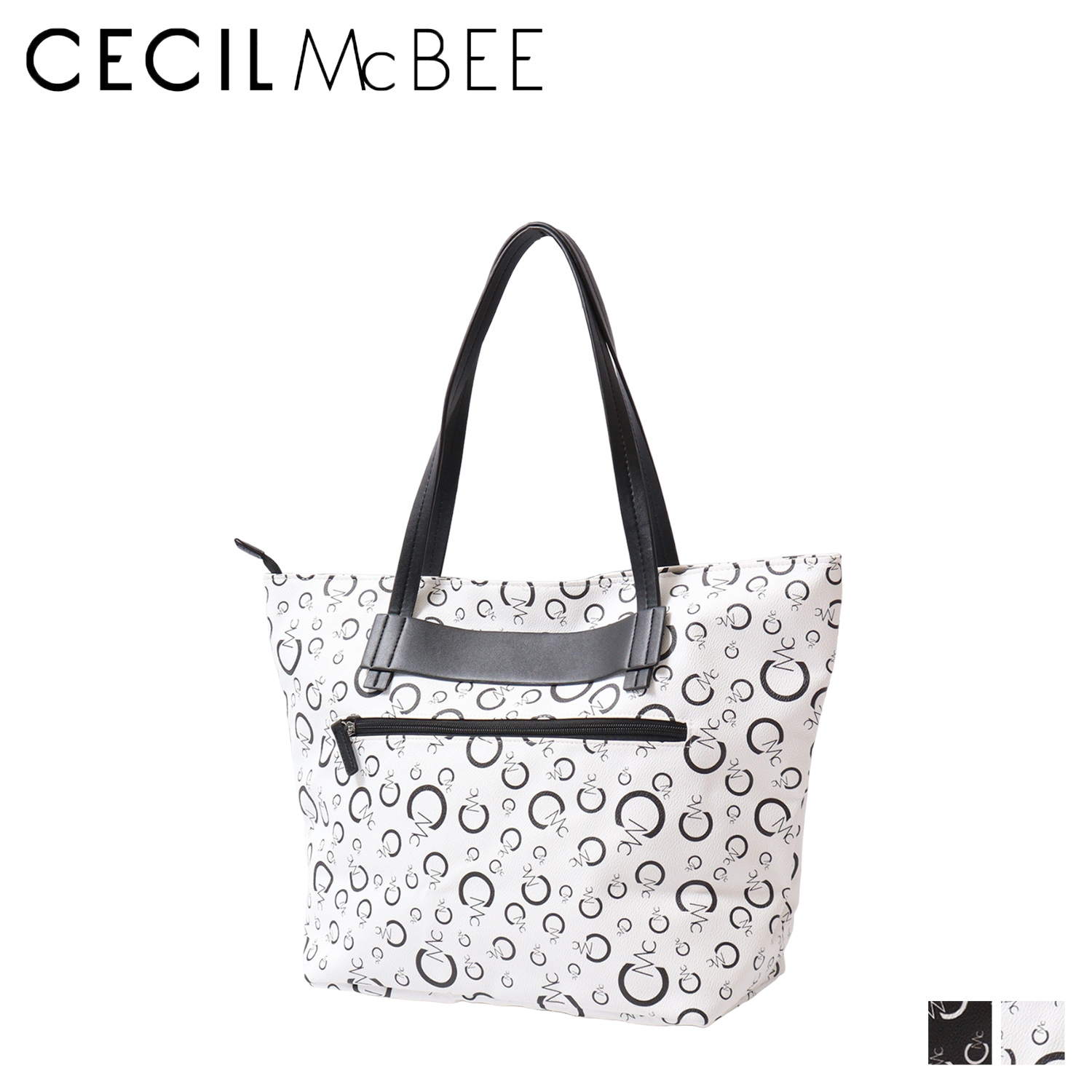 CECIL McBEE セシルマクビー トートバッグ レディース Lサイズ ファスナー付き モノグラム MONOGRAM SERIES ブラック  ホワイト 黒 白 CM121131