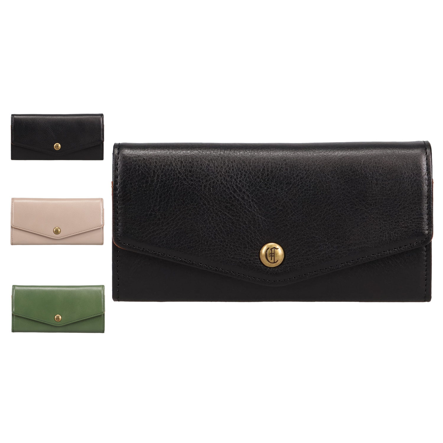 クレドラン CLEDRAN 財布 長財布 レディース 薄い コンパクト 本革 TRONC FLAP WALLET ブラック グレー グリーン 黒 CL3... ブラック系/グリーン系/グレー系