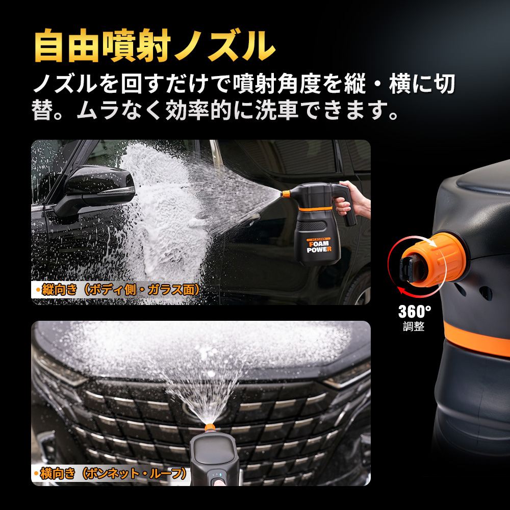 電動フォームガン 洗車 コードレス 2L 大容量 1年保証 USB充電 高圧 強発泡 泡洗車 噴射角度調整 PLASHER 関連画像2