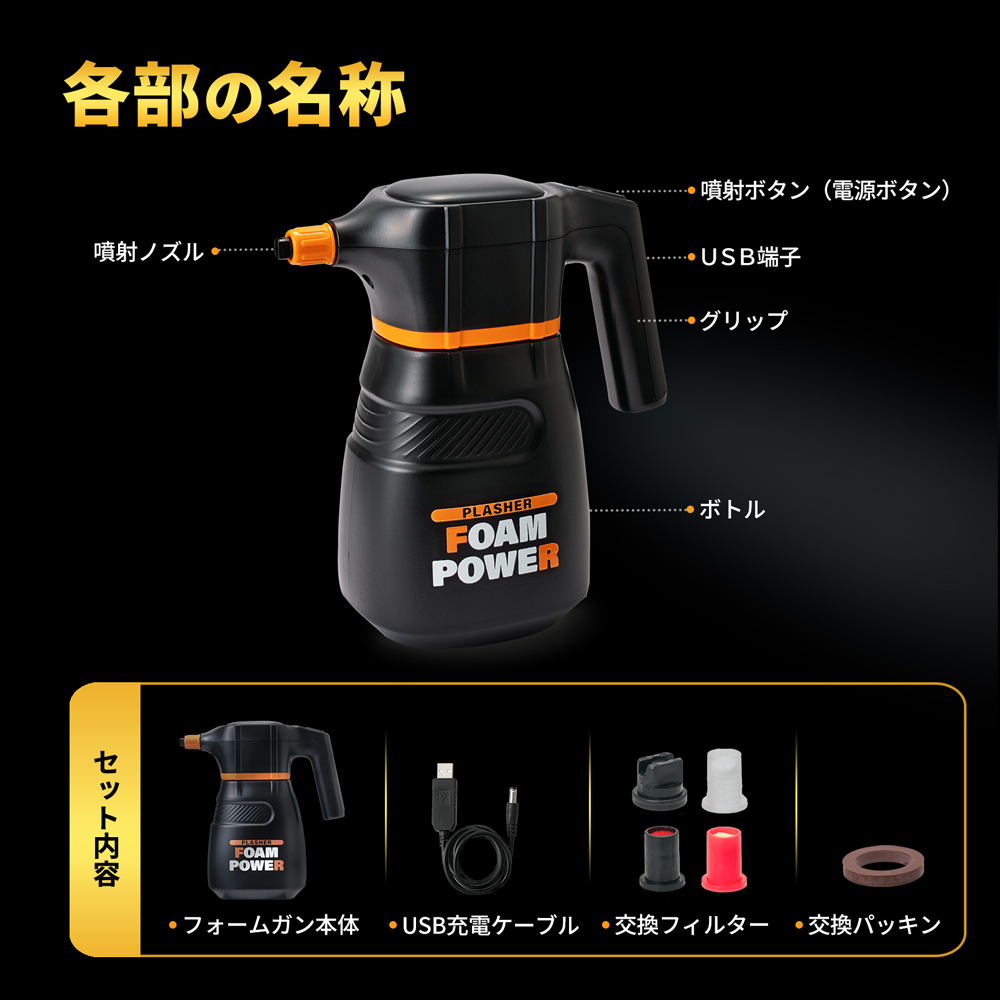 電動フォームガン 洗車 コードレス 2L 大容量 1年保証 USB充電 高圧 強