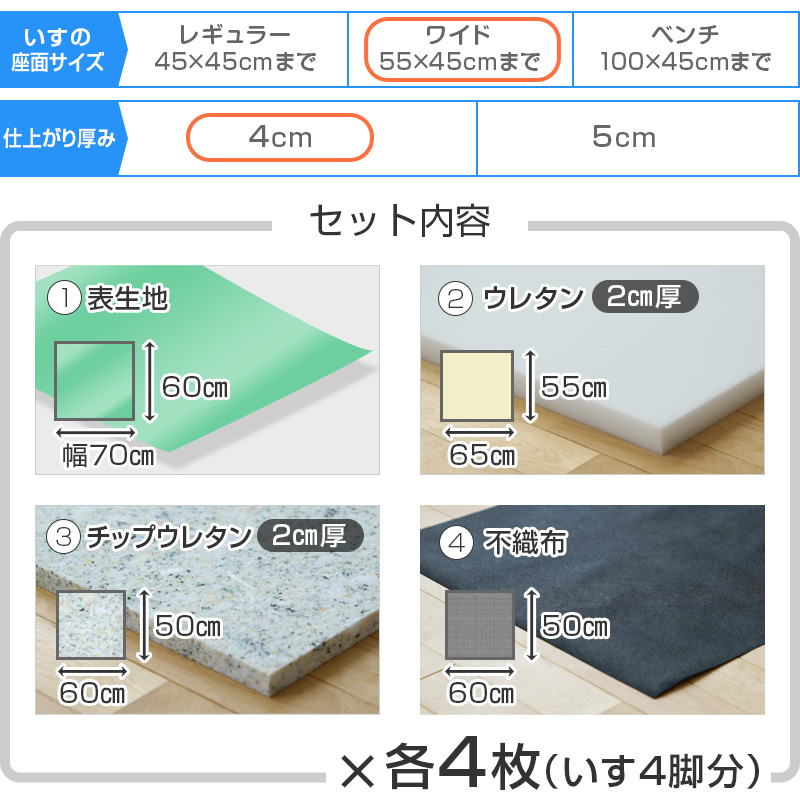 ワイドサイズ 椅子の張り替え セット レザー 合皮 無地 4cm厚 4脚分 キット いす イス 張り替え 国産生地 抗菌 難燃 飲食店に 修理 座面 椅子｜bigmories｜02