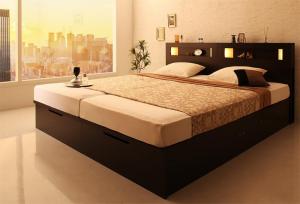 ベッド 収納付きベッド 収納 収納付 跳ね上げベッド 深型 連結 薄型スタンダードポケットコイルマットレス付 縦開 クイーン(SS×2) 深さレギュラー(127474円)