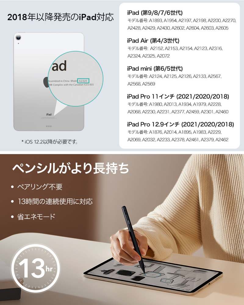 値下げ ESR iPad 第10 7世代 mini6 傾き感知機能 スタイラスペン パームリジェクション機能付 タッチペン Pro 11  第3世代 12.9 Air5 mini5