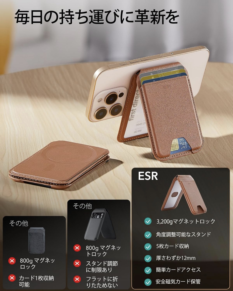 ESR MagSafe カードケース 5枚カード 角度調節可能スタンド付き
