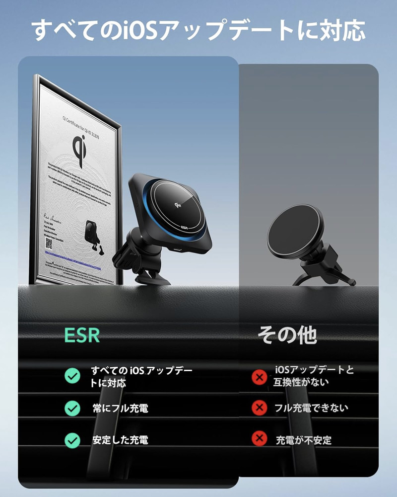 冷却ファン付き ESR Qi2 15W充電 Magsafe 車載 スマホホルダー