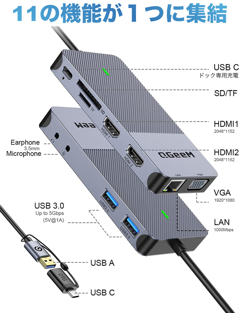 11in1 ドッキングステーション USB3.0 Type-C ハブ HDMI 4K VGA