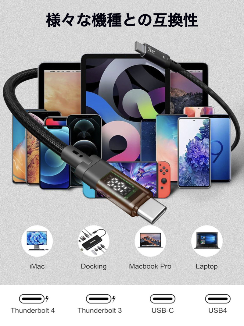 USB 4 ケーブル 1m 最大240W Thunderbolt 4対応 出力スクリーン表示
