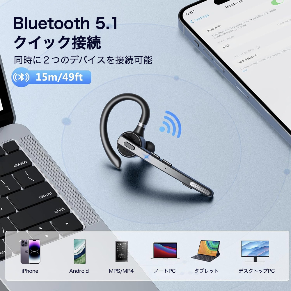 New Bee ワイヤレスイヤホン Bluetooth 片耳 ヘッドセット ハンズ