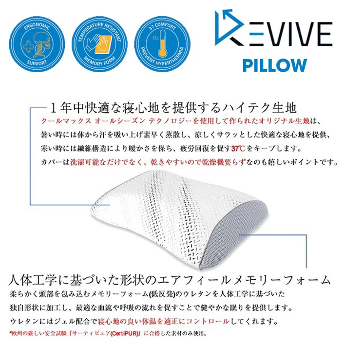 ERGO PILLOW エルゴピロー 枕 低反発ウレタン エアフィールメモリーフォーム 温度調節 吸湿発散性 カバー洗濯可 人体工学 REVIVE  リバイブ 60001056