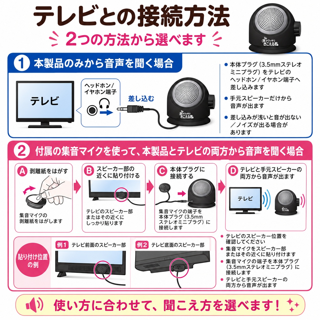 手元スピーカー 音がクッキリきこえる君 コード長5m 有線タイプ 電池