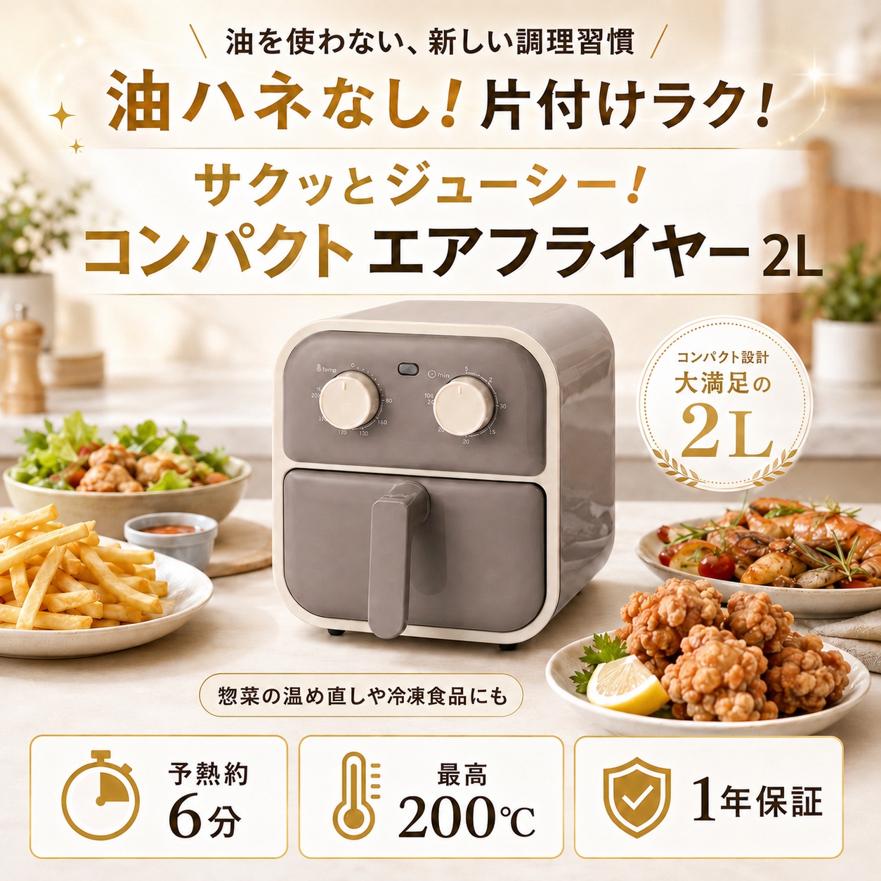 エアフライヤー ノンフライヤー 2L 家庭用 電気フライヤー 揚げ物 油を