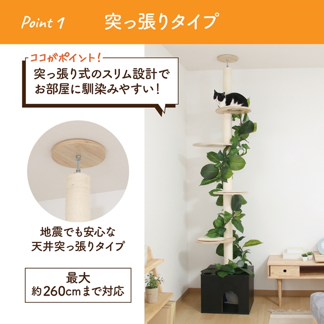 フェイクグリーン付き キャットタワー つっぱり式  突っ張り 天井 スリム おしゃれ おすすめ シンプル 爪とぎ 隠れ家付き 木製_3
