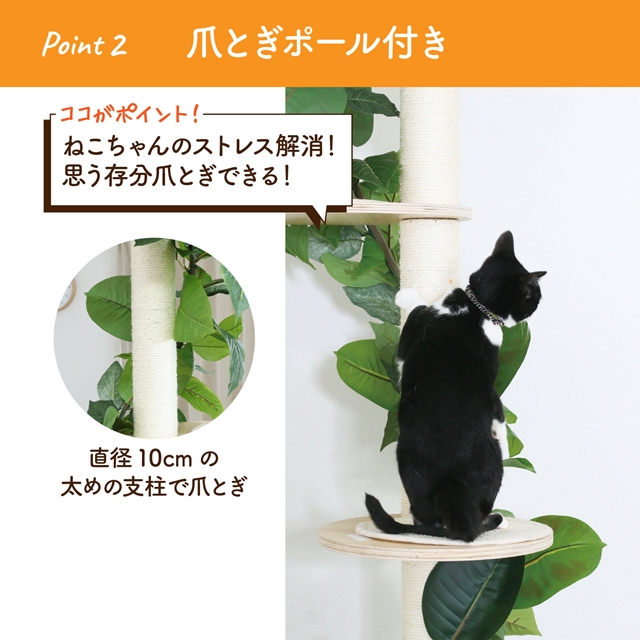 フェイクグリーン付き キャットタワー つっぱり式  突っ張り 天井 スリム おしゃれ おすすめ シンプル 爪とぎ 隠れ家付き 木製_4