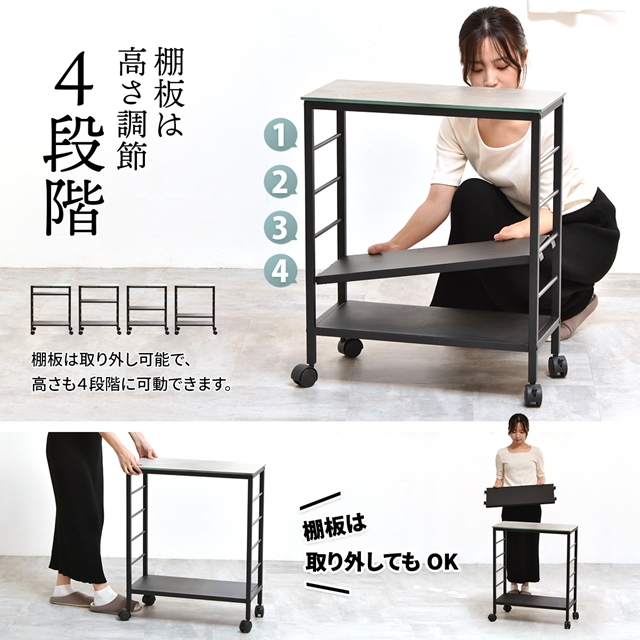 【木製キッチンワゴン 】セラミック天板付き　キャスター付き 使い方色々 セラミック天板 キッチンワゴン キャスター付き 作業台