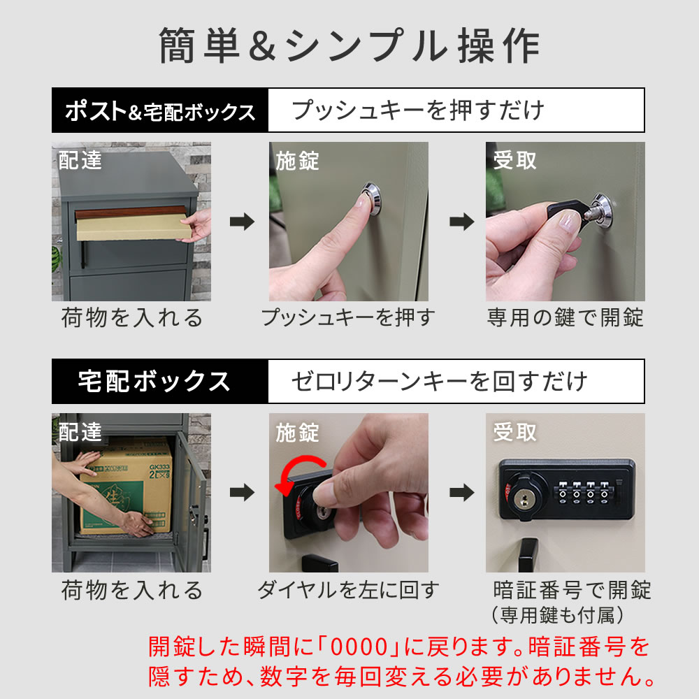 ポスト一体型 宅配ボックス ダイヤル鍵付き ゼロリターンキー アイアン