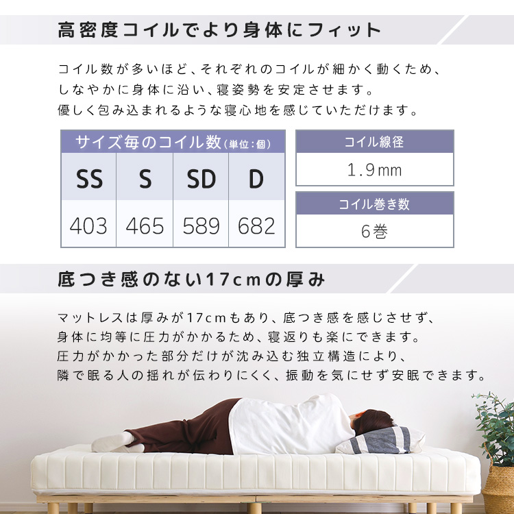 脚付き ポケットコイルマットレス シングル 足つき マットレスベッド シンプル シングルベッド 洗える カバー付き 硬め すのこベッド ...