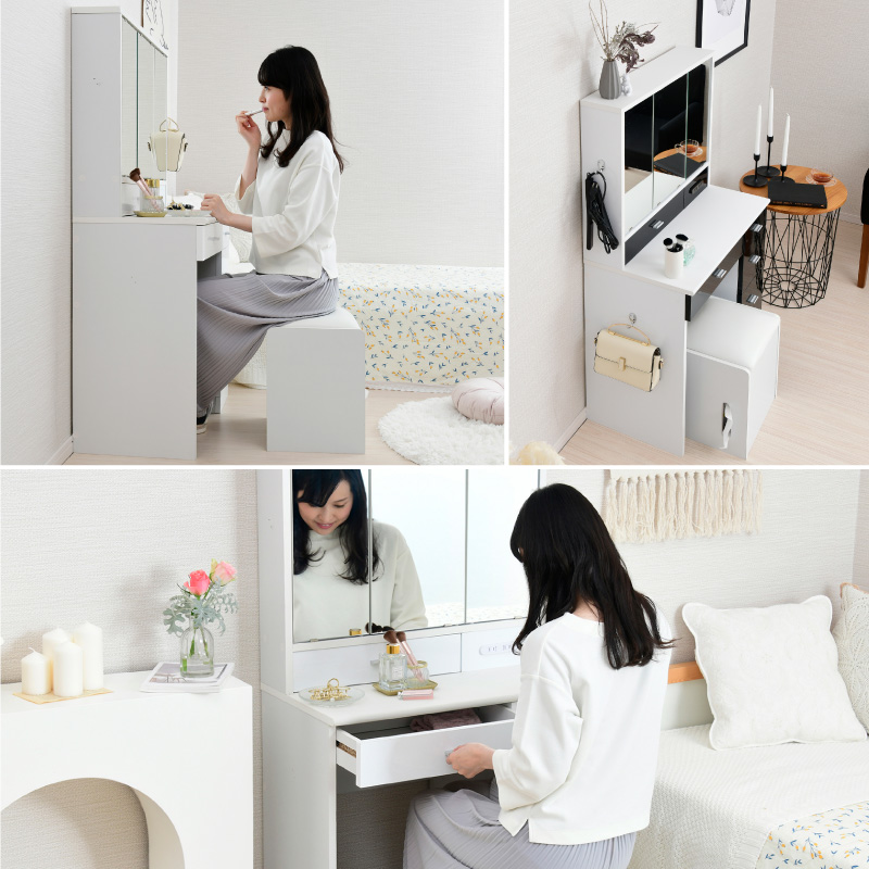 ドレッサー 三面鏡 コンパクト デスク スツール付き コンセント付き
