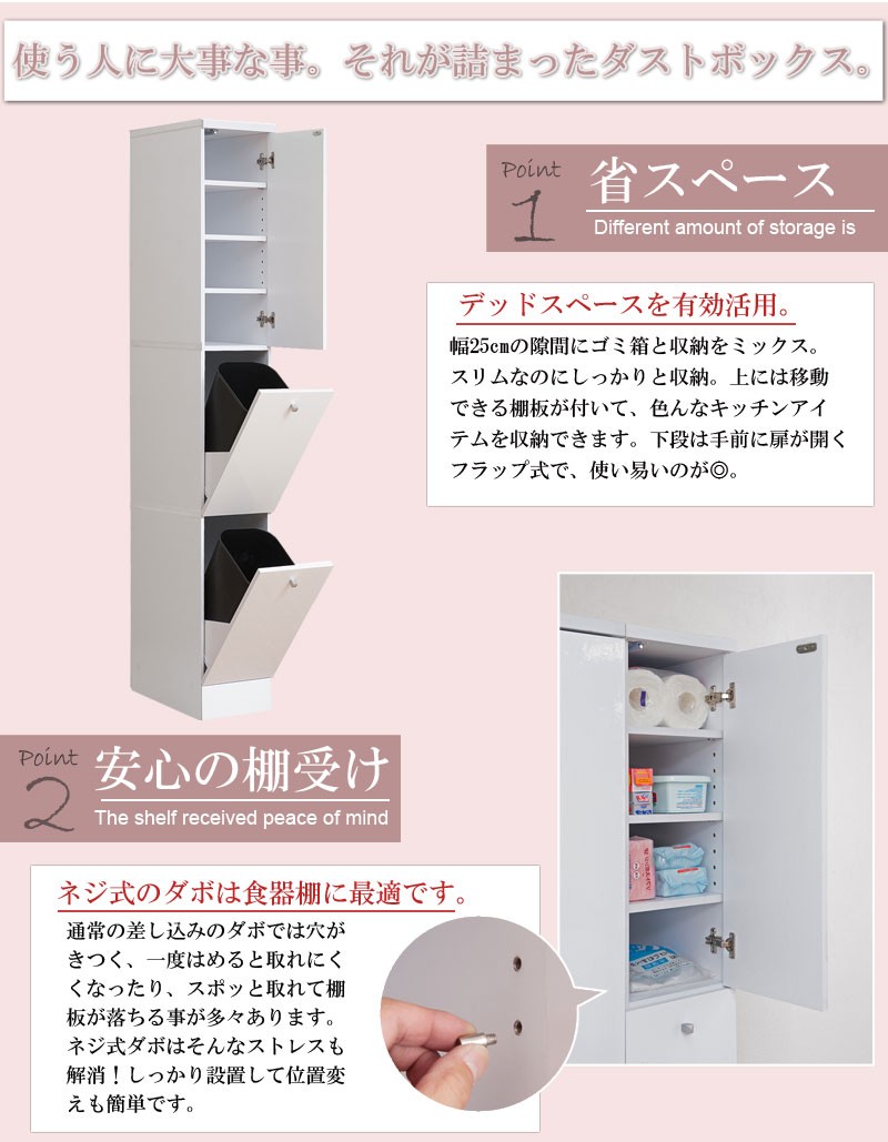 スリムな2分別 キッチンダストボックス 幅25 ホワイト キッチンゴミ箱