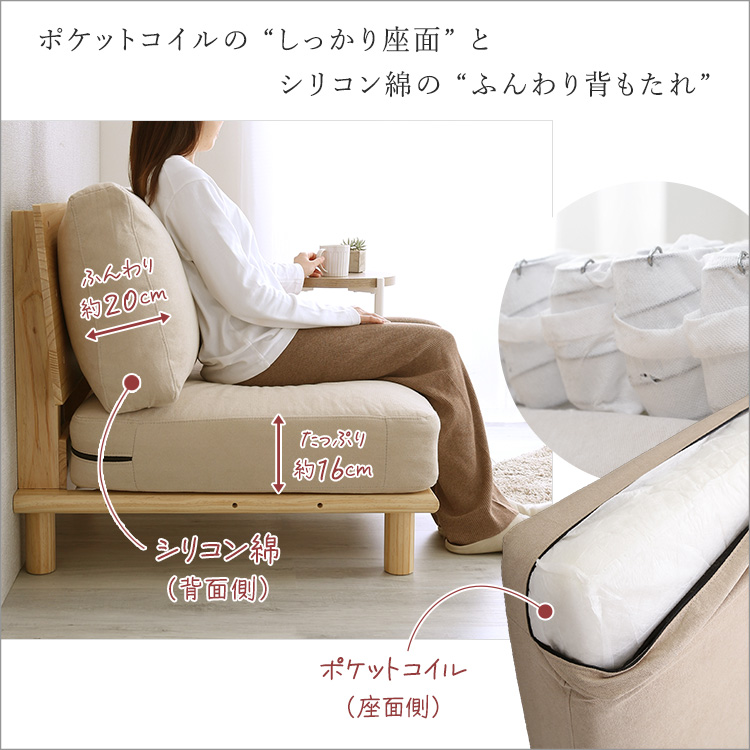 ゆったり幅広 一人掛けソファー 天然木 フレーム クッション 肘無し