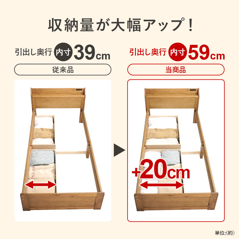 大容量 深い引き出し付き 木製ベッド シングル チェストベッド