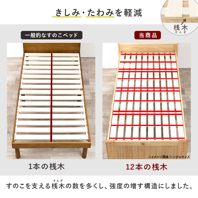 更に高め 3段階高さ調節 カントリー調 すのこベッド シングル 宮棚付き