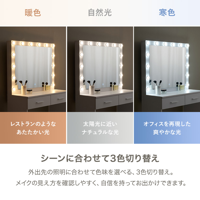 女優ミラー付き ドレッサー 幅75 LED ライト付き 大容量 収納 スツール
