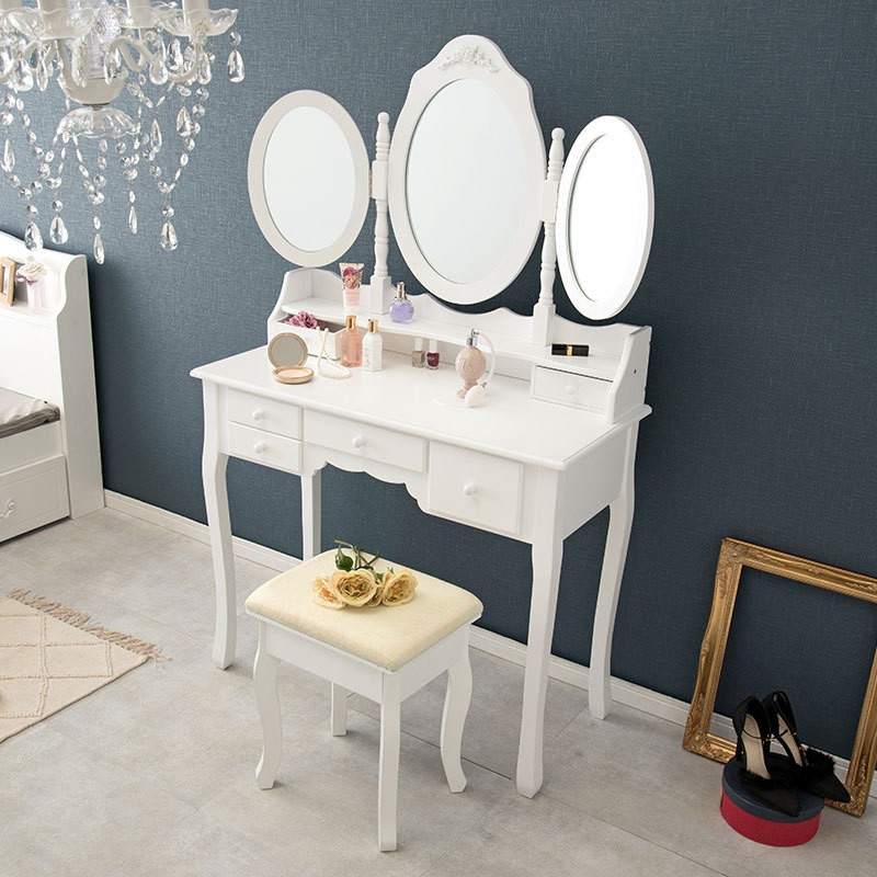 三面鏡ドレッサーデスク スツール付き 姫系 化粧台 ホワイト 白 家具 