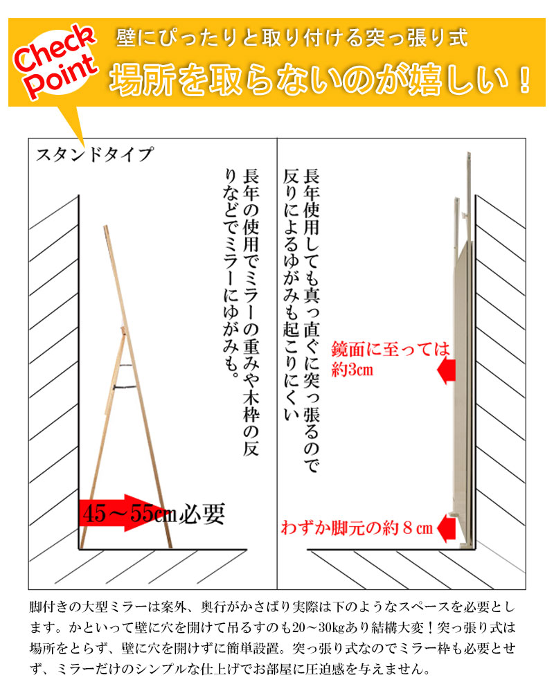 日本製 突っ張りミラー 幅80 突っ張り式 壁面ミラー ウォールミラー 全身 姿見 大型ミラー スタジオ 教室 鏡 おしゃれ つっぱりミラー 安い