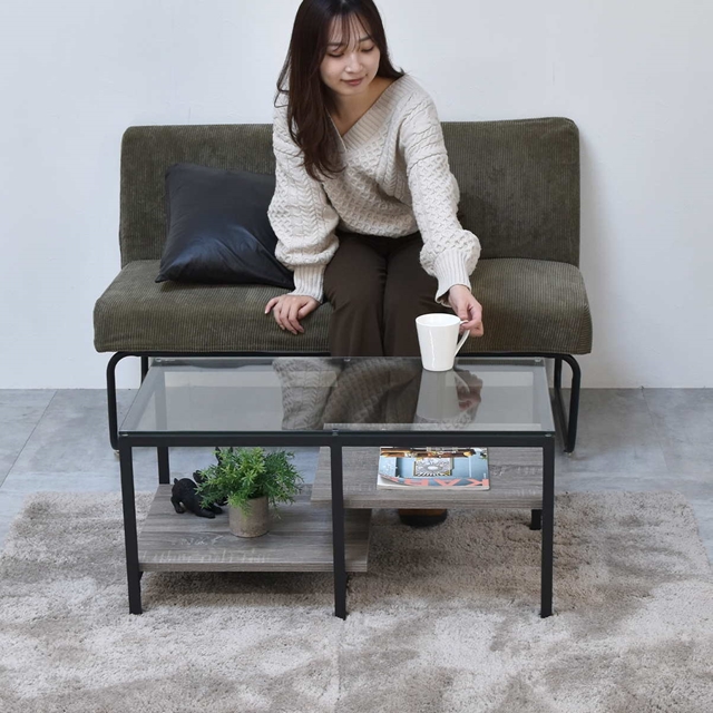 おしゃれに魅せる 段違い棚付き ガラス天板 センターテーブル 幅80