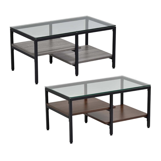 おしゃれに魅せる 段違い棚付き ガラス天板 センターテーブル 幅80