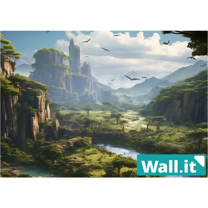 Wall.it A4 フィギュアディスプレイケース専用背面デザインシート 横向 恐竜時代 ジャングル シダ植物 河 風景 ジュラシックパーク 森林 白亜紀 昼間 小川｜bikagu