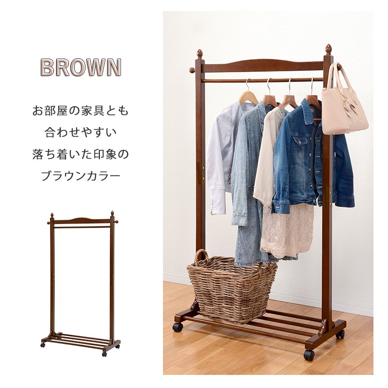 木製スリム洋服掛け 上部トレイ付き　豊岡クラフト 木製 ハンガーラック 幅90cm キャスター付き / おしゃれ スリム 省