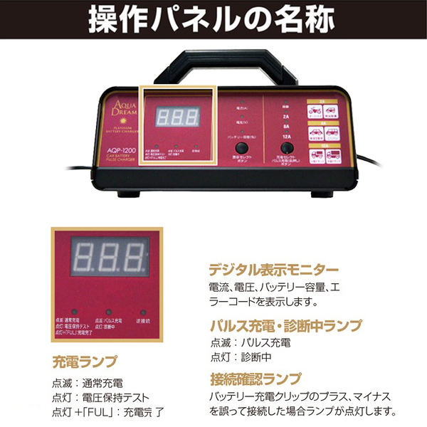 バッテリー充電器 自動車用バッテリーパルス充電器 DC12V専用 AQP-1200 AQUA DREAM バイク 軽自動車 コンパクトカー ミニバン SUV 小型大型トラック