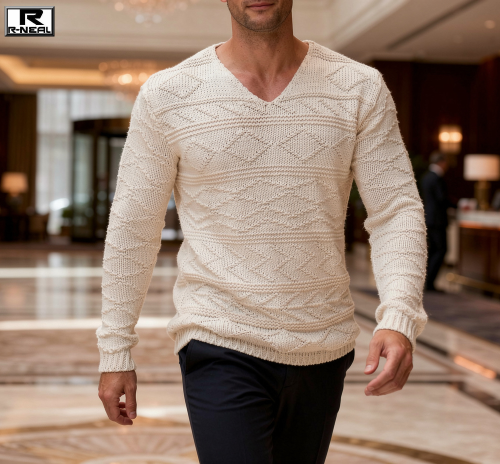 Vネック セーター ニット メンズ オフ白/幾何学模様 : BIN-1 LIMITED