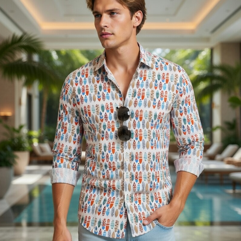 柄シャツ メンズ ストレッチ 白 長袖シャツ サーフボード カジュアル