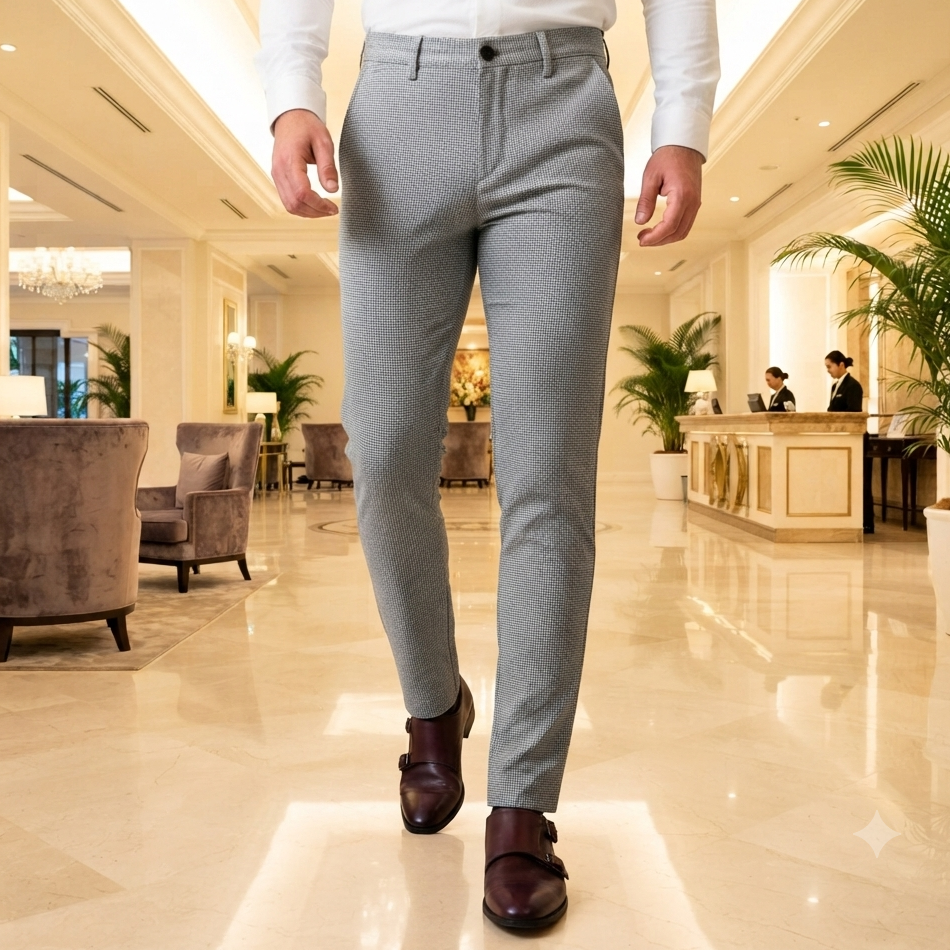 スキニー パンツ スラックス メンズ 千鳥柄 ライトグレー ストレッチ