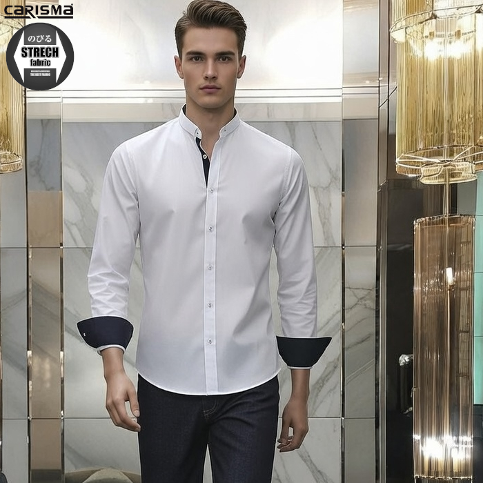 長袖シャツ メンズ ストレッチ ビジネス マオカラー バンドカラー 紺白