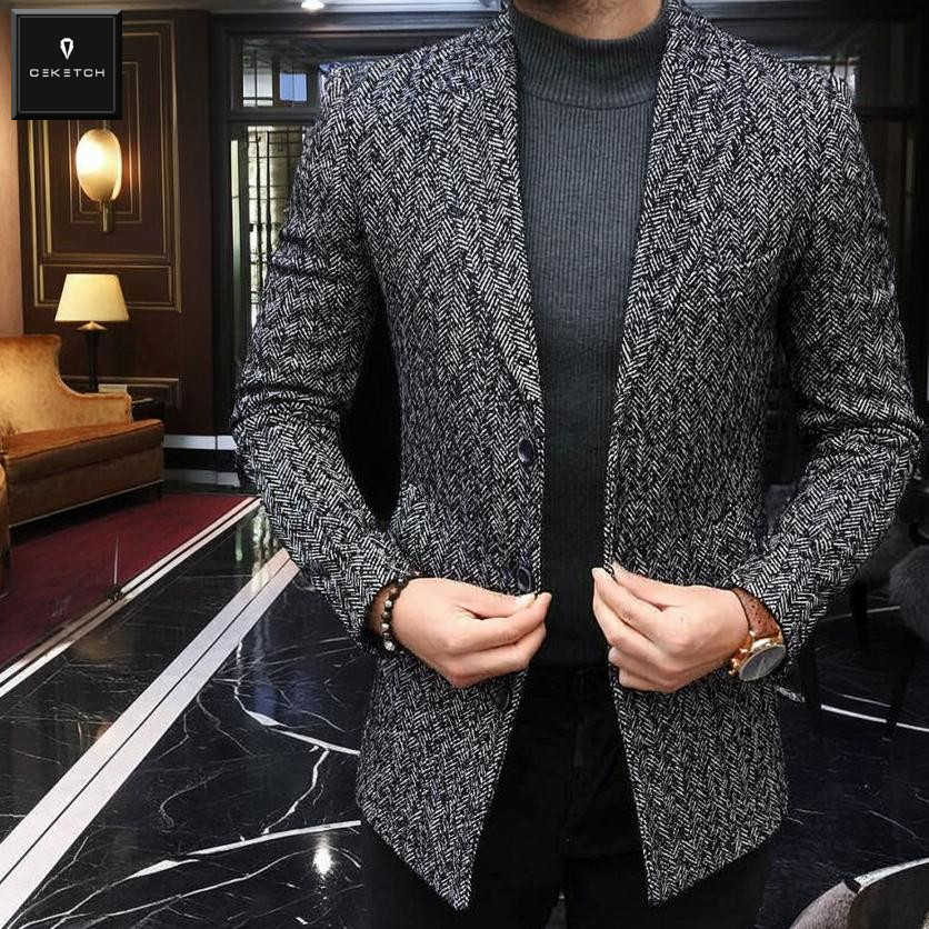 チェスターコート ツイード ヘリンボーン ハーフコート 紺/ネイビー