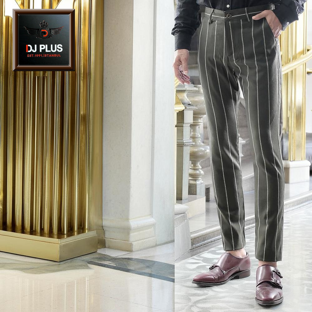 スラックス スキニー パンツ ストライプ スリム ダークグリーン 深緑