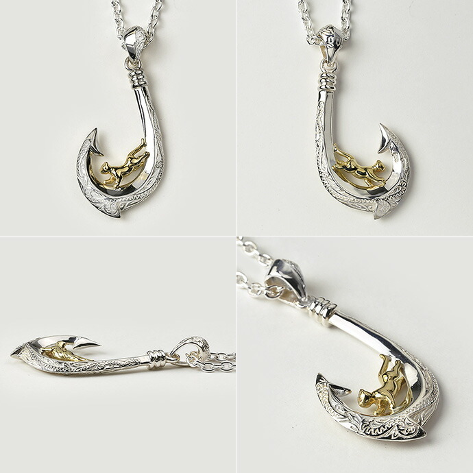 キャット オン フィッシュフック ペンダント ネックレス メンズ (3mmアズキチェーン付きセット) シルバー925 アクセサリー ハワイアンの画像