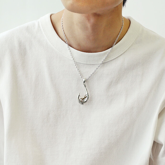 キャット オン フィッシュフック ペンダント ネックレス メンズ (3mmアズキチェーン付きセット) シルバー925 アクセサリー ハワイアンの画像