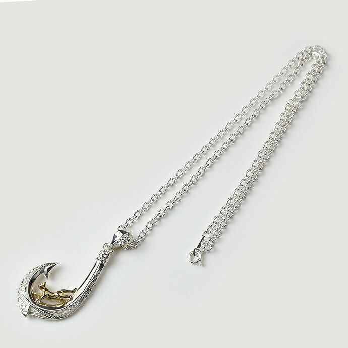 キャット オン フィッシュフック ペンダント ネックレス メンズ (3mmアズキチェーン付きセット) シルバー925 アクセサリー ハワイアンの画像