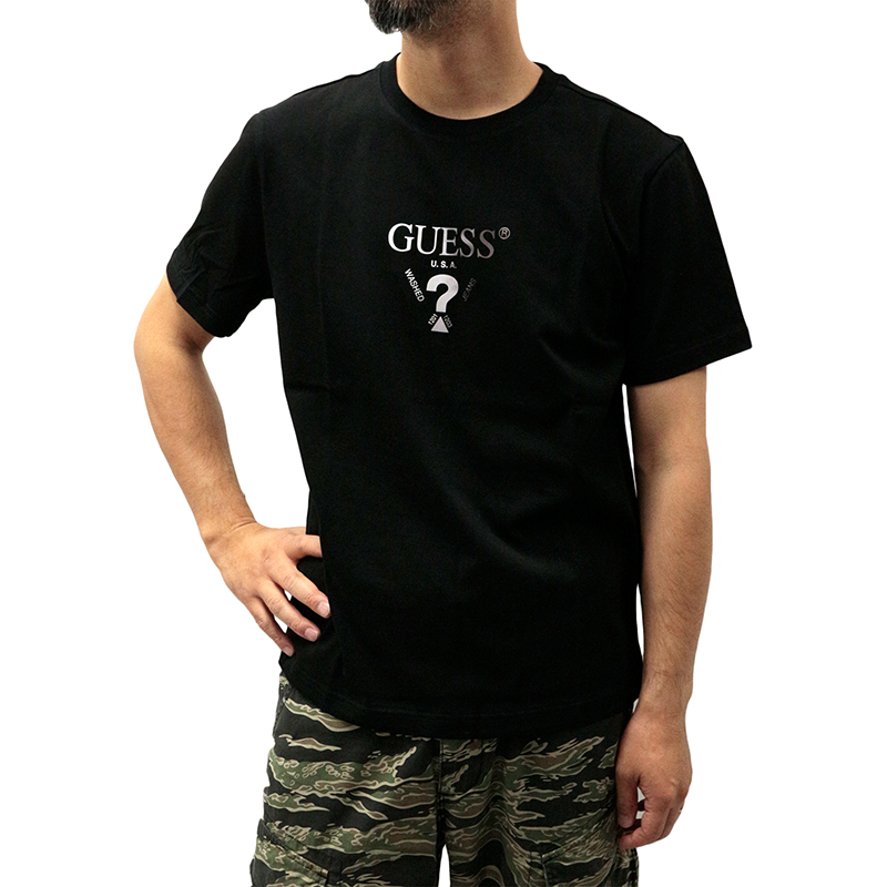 ゲス メンズ トップス GUESS MN2K9411 Rimless Triangle Logo Tee トライアングル ロゴ ワンポイント Tシャツ  ブラック 黒 スタイリッシュ 綿100 クルー