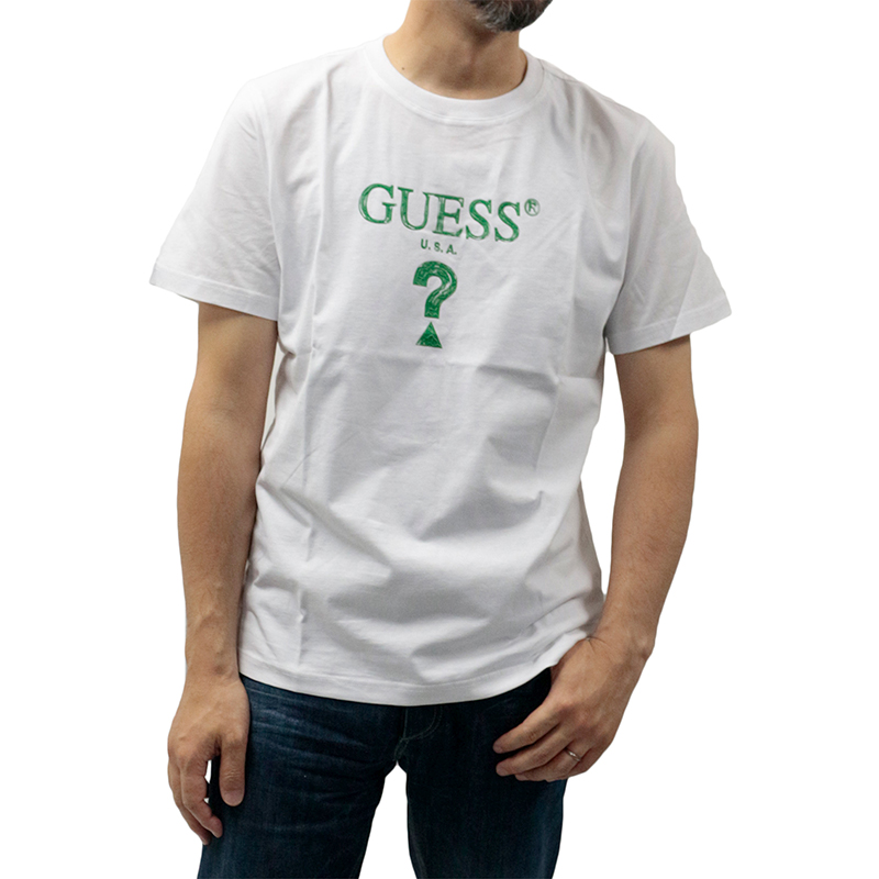 ゲス メンズ トップス GUESS MN2K9412K Painted Rimless Triangle Logo Tee トライアングル ロゴ  ワンポイント ホワイト ブラック 白 黒 半袖 かっこいい｜N